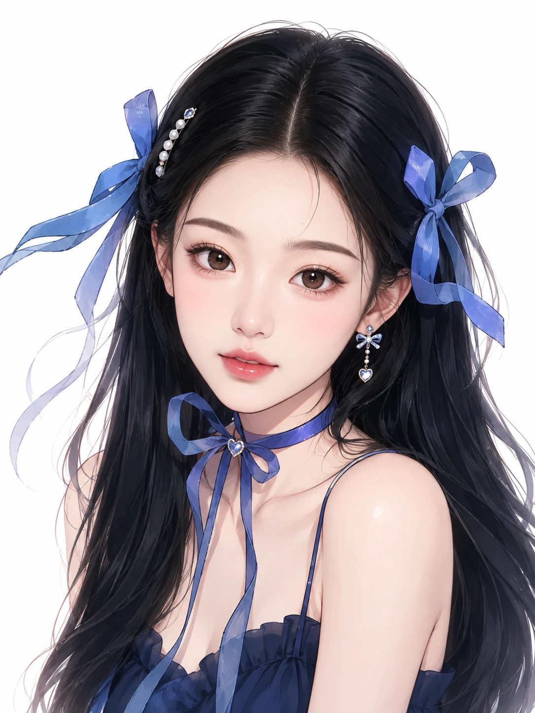 蓝色蝴蝶结与长发的个人形象设计